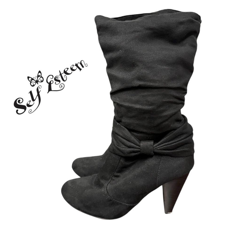 Self Esteem Deana Bow Black Side Zipper Heeled Women's Boots 8.5